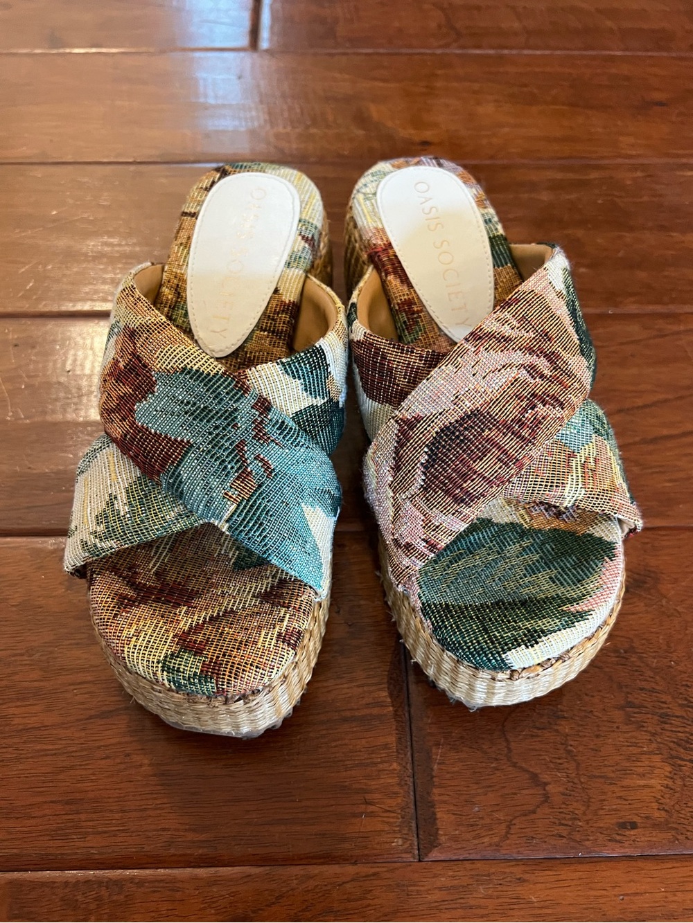 Oasis Society Multicolor Floral Woven Platform Sandals in Teal, Pink and Brown